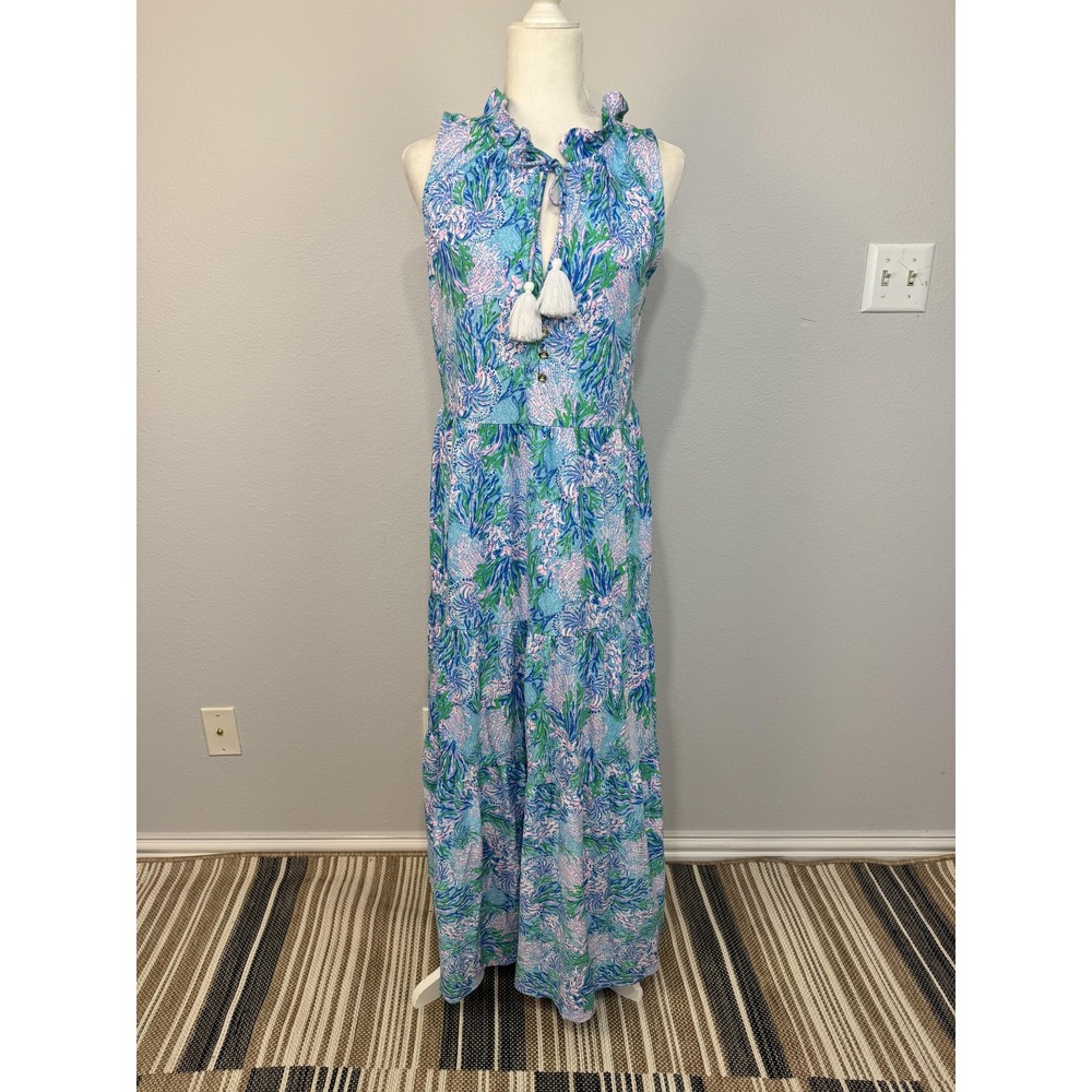 Lilly Pulitzer Malone Maxi Dress Women's Large Blue Floral Tiered Cotton Preppy